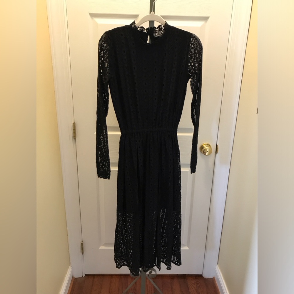 Nwt pol black lace midi dress lined sheer sleeves Fits sm - med